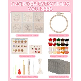 Punch Needle Kit for Beginners Adults Kids, 6 Pattern Embroidery Punch Needle Kits, Easy Needle Punch Embroidery DIY Kit Set Tufted Rug Punch Decoration with Patterns, Tools, Yarns, Hoop, Instruction