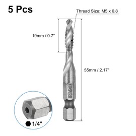 Sourcing Map 5pcs M5 x 0.8 Metric Combination Drill and Tap Bit Set, 1/4" Hex Shank, 4341 HSS, For Metal, Plastic, Stainless Steel, Bronze