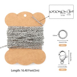 16.4 Feet Stainless Steel Chain for Jewelry Making - Necklace Curb Chain, Lobster Clasps with Jump Rings for Bracelet Jewelry Making Supplies DIY Craft Kit