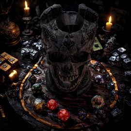 XJPONGC Dark Skull Dice Tower Dungeons and Dragons RPG abletop Roleplaying Game Jail D&D (7PCS D20 Dice Set Included) Black