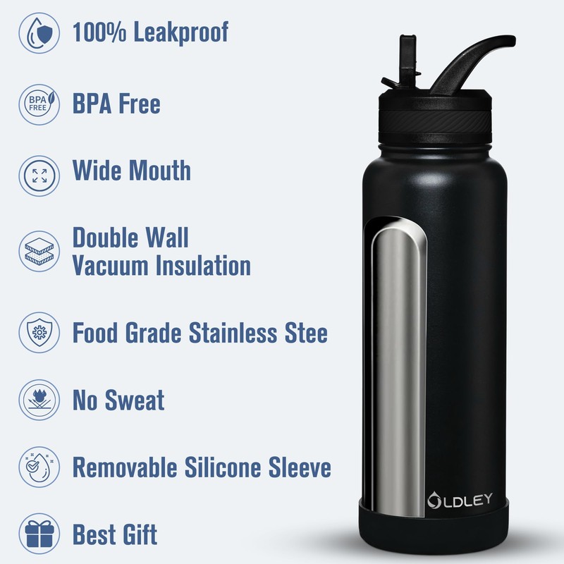 OLDLEY 40 oz Insulated Water Bottle With Straw, Stainless Steel