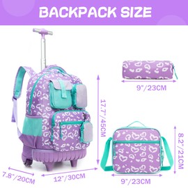 Meetbelify Rolling Backpack for Girls Carry on Luggage with Wheels Kids Suitcases for Girls Ages 8-10 with Lunch Box for Elementary School 18inch 3 in 1 Rolling Backpack Back to School Supplies