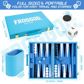 Froggod Travel Backgammon Sets for Adults – 15 Inch Premium Backgammon Set – PU Leather Case with Seamless Flocked Game Surface – Classic Board Games for 2 Player and Gift for Men(Light Blue)