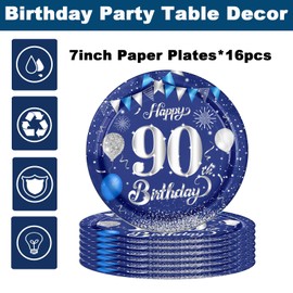 16 Navy Blue 90th Birthday Plates - 7" Paper Plates for 90th Party Decorations