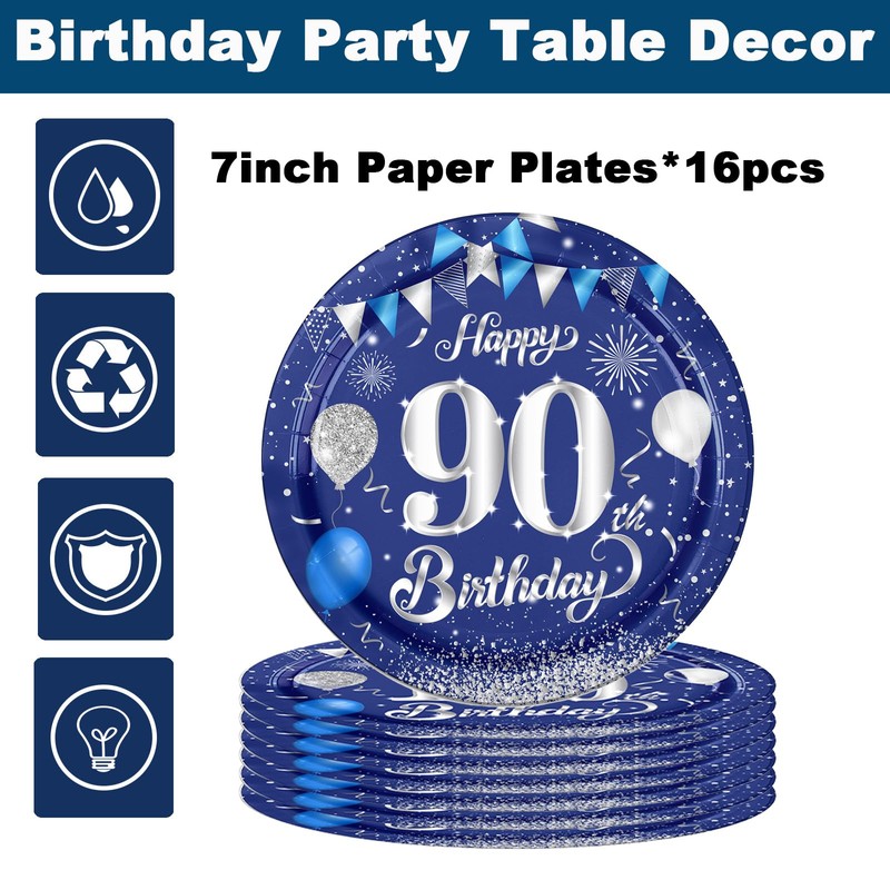 16 Navy Blue 90th Birthday Plates - 7" Paper Plates