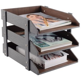Leather Desktop Organization Holder,3-Layer Stackable Tray, Used to Store documents, Folders, Stationery, Magazines, Newspapers, Letters, and Other Home Office Sundries,Desk File Rack (Grey)…