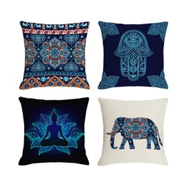 Jartinle Blue Bohemian Pillow Covers 18x18 Set of 4 Hippie Floral Mandala Decorative Indian Ethnic Throw Pillow Covers Elephant Hamsa Buddha Chakra Cushion Cases for Couch Home