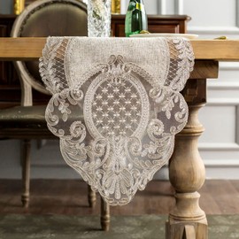 ARTABLE Lace Table Runner Rectangle Gray Cotton Linen Fabric Dresser Scarf with Exquisite Macrame Embroidery Table Runners for Kitchen Home Wedding Party Dining Decoration (Stone Gray, 16 x 120 Inch)