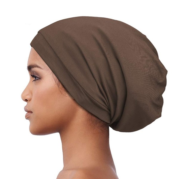 Alnorm Cosy satin lined slouchy beanie cap with soft elastic band for men and women, brown