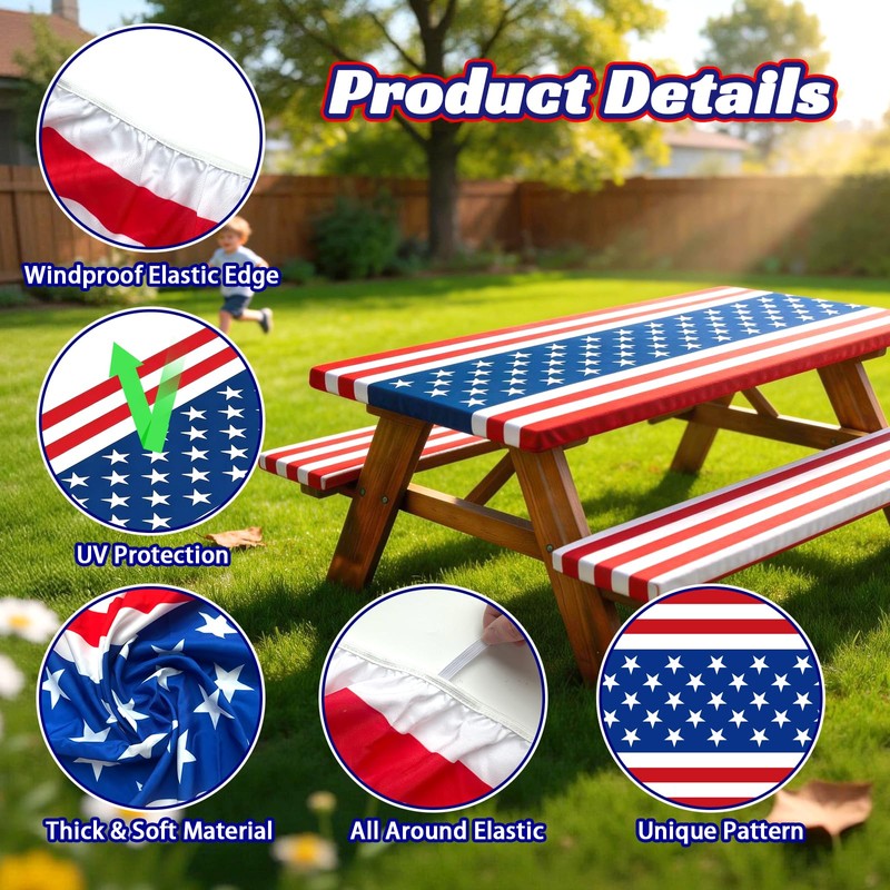 NUOLAN 6FT American Flag Picnic Table Cover with Bench Covers