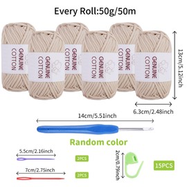 FOGAWA Easy Crochet Yarn for Beginners 6x50g Chunky Yarn for Crochet Amigurumi Yarn Cotton Yarn Beige Thick Wool for Crafts Knitting with 4mm Crochet Hook 4 Plastic Needles 15 Stitch Markers