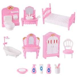 BABESIDE 15 Pcs Dollhouse Furniture Set for Girls, 1:12 Scale Mini House Bedroom Bathroom Accessories with Wardrobe, Bed, Bathtub, Sink, Toilet, Pretend Play Toys Gift for Toddlers Age 3+