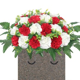 LOSFOTBO Artificial Cemetery Silk Flowers Saddle,Carnation Cemetery Headstone Flower Saddle,Memorial Flowers for Outdoor Tombstone Headstone Decorations (Red White)