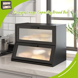 Large Bread Box Double Layer Bamboo Bread Box for Kitchen Counter Container Farmhouse Bread Box Bread Holder Capacity Bread Storage Bin(Black)