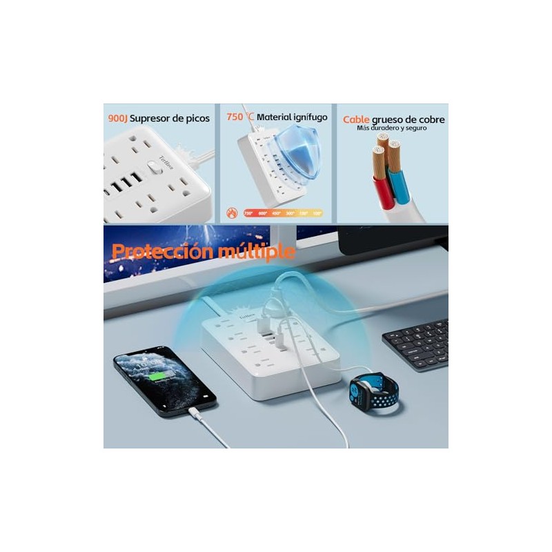 TerHavn Extension electrica Corta 1.5M y Regleta Multicontacto con 8