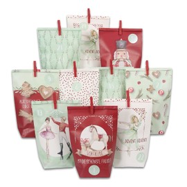 Papierdrachen Advent Calendar to Fill at Home, 24 Red and Mint Printed Gift Bags and 24 Number Stickers and Clips, Nutcracker Motif, for Crafts and Gifting, Christmas
