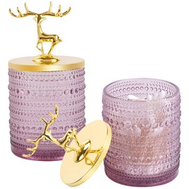 Biiange Purple Qtip Holder Set, Glass Qtip Holder, with Gold Metal Lid, Bathroom Countertop Decorative Storage Organizer for Cotton Swab, Round Pads, Floss Picks, Bath Salt (2 PC Purple)