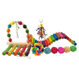 Set of 10 Colorful Pet Toy Wooded Swing Handmade Rattan Chewing Toy Chasing Toy with Bell Rainbow Plank Road for Polly Parrot Bird Hamster Squirrel Toy