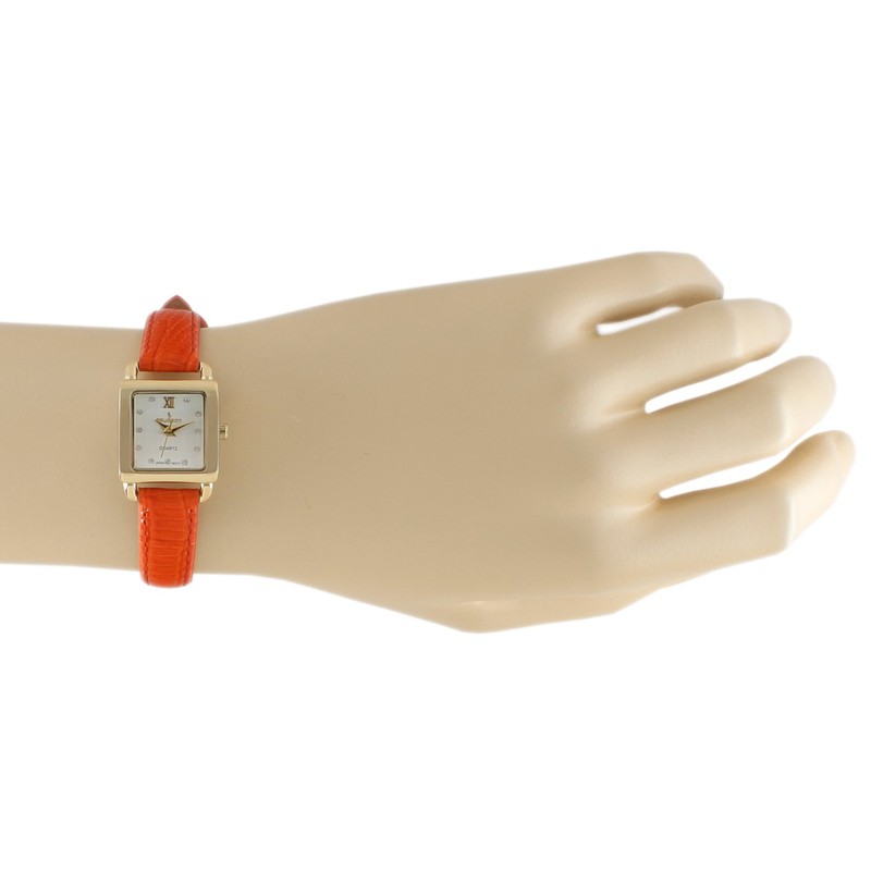 Peugeot Ladies Mini Square Crystal Gold-Tone Dial Blood Orange Red