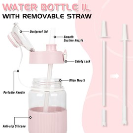 ADVIGO Water Bottle 1 Litre with Straw, Leak-Proof Water Bottle 1 Litre with Sticker, Sports Water Bottle 1 Litre BPA Free, Water Bottle for School, Work, Fitness, Travel, Bicycle, Camping (Pink