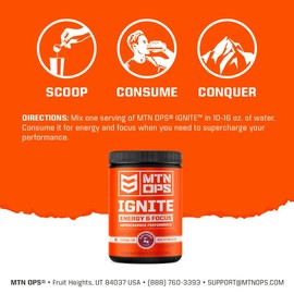MTN OPS Ignite Supercharged Energy & Focus Drink Mix, BCAA & Nootropic Blend, Gluten Free & 200mg of Caffeine, 20 Single Serving Trail Packs Bugle Berry