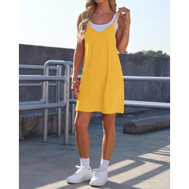 AUSELILY Womens Summer Dress 2025 Sleeveless Casual Mini Dress Spaghetti Strap Short Dresses with Pockets Yellow XS