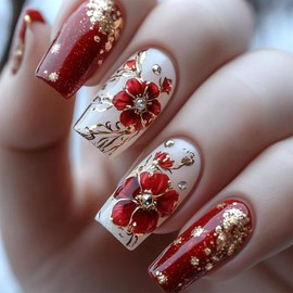Ballerina Red Flower Press on Nails Gold Foil Rhinestones Stick on Nails Long Square Artificial Fake Nails with Glue Glossy Acrylic False Nail for Women