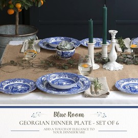 Spode Blue Room Georgian Plate Set, Set of 6 - Decorative 10.5-Inch Earthenware Plates Featuring Botanical & Historic Designs - Vintage Dinnerware Set for Dining or Display - Made in England