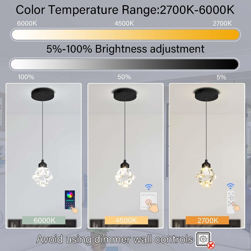 Crystal Pendant Light for Kitchen Island,Black Chandelier Lights Fixture, Hanging