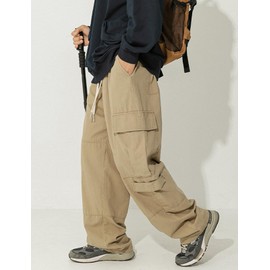 Oaovo Men's Cotton Cargo Pants Mulit Pockets Drawstring Waisted Loose Straight Trousers Khaki 31