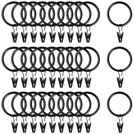 FIBOUND Pack of 30 Shiny Curtain Rings for Curtain Rod/Curtain Rod 35 mm (Black with Clip) Set of 30 Rings with Clips for Curtains, Sliding Curtains, Curtains, Metal Curtain Hooks Rings