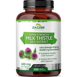 Zazzee Organic Milk Thistle 50:1 Extract, 20,000 mg Strength, 200 Vegan Capsules, 80% Silymarin Flavonoids, Over 6 Month Supply, Standardized and Concentrated 50X Extract, All-Natural and Non-GMO
