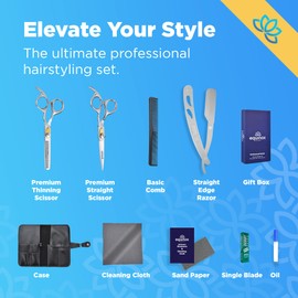 Equinox Professional Hair Scissors Kit - 9 Pieces Set - Thinning Shears - 6.5” Overall Length - Razor Edge Barber Scissors for Men and Women - Premium Shears for Salon - Premium Barber Kit