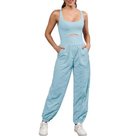 ReachMe Womens Athletic Rompers Hiking Jumpsuit Going Out Outfits One Piece Workout Jumpsuits with Pockets(Light Blue,XS)