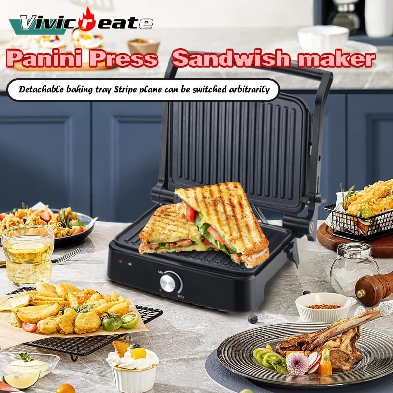Vivicreate 5 in 1 Contact Grill, Stainless Steel Panini Press,