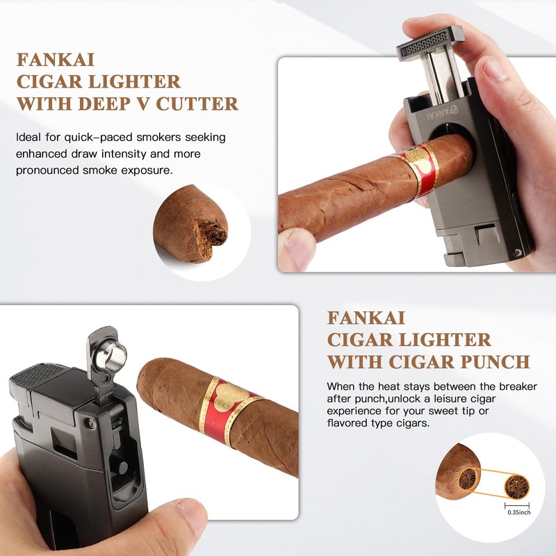 FANKAI Cigar Lighter with Cigar Cutter V Cut, Torch Lighter