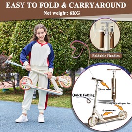 CUIOT Commuter Adult Scooter 330 lbs Capacity, 8IN Solid Tires Big Wheels Scooters, 3 Handle Height Adjustable Levels, with Double Braking System, Foldable Scooter,Kick Scooter for Ages 6+,White