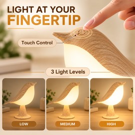 LED Bird Lamp for Ambient Lighting – 3-Level Touch Dimmable Rechargeable Cordless Light for Bedroom & Living Room