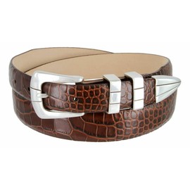 S6096 Italian Calfskin Genuine Leather Designer Dress Belt 1-1/8"(30mm) taper down to 1"(25mm) wide, Style A- Silver-alligator Brown, 32