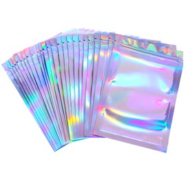 100 Pieces Resealable Smell Proof Bags Foil Pouch Bag Flat Storage Bag for Party Favor Food Storage (Holographic Color, 5.5x7.8 Inch)