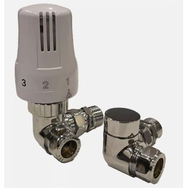Corner Angled Thermostatic Radiator Valve with Lockshield Valve TRV Chrome White 15mm Pack Set