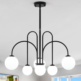 Modern Black Chandelier 6 Lights Sputnik Chandeliers for Dining Room Mid Century Pendant Light Fixtures Ceiling Hanging Lighting with Milk Glass Globe Shades for Foyer Living Room Kitchen Island