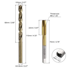 uxcell Metric Tap & Drill Bit Set, 2pcs M8 x 1.25 Spiral Point Thread Taps Titanium Coated and 2pcs 6.8mm Twist Drill Bits Roasted Yellow, Screw Tapping Threading Tools