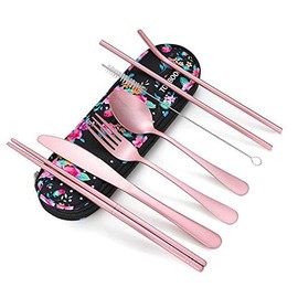 Travel Utensils,Reusable Silverware Set to Go Portable Cutlery Set with a Waterproof Carrying Case for Lunch Boxes Workplace Camping School Picnic (Light Pink)