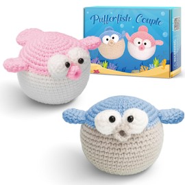 CROCHETTA Kit de ganchillo para principiantes, kit de inicio de ganchillo para principiantes con tutoriales en video paso a paso, kits de aprender a ganchillo para adultos y niños, suministros de tejer bricolaje, paquete de 2 pez globo (40% más hilo)