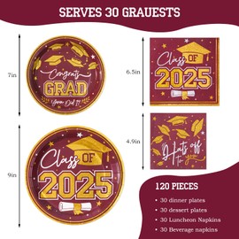 Tyzarglef Class of 2025 Graduation Plates and Napkins (120 Pcs),Elegant Maroon & Gold Disposable Dinnerware Set for High School & College Parties, Serves 30, Graduation Party Decorations & Supplies