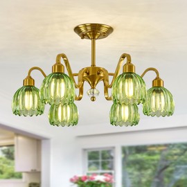SZXYKEJI Gold Sputnik Chandelier Vintage Green Glass Pendant Lighting 6-Light Semi-Flush Ceiling Light Fixture Chandelier for Dining Room Kitchen Living Room Bedroom