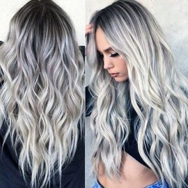 Long Ombre Gray with Black Roots Wigs for Women Grey Long Wavy Full Wig Middle Parting Wigs Natural Looking Synthetic Wig for Daily Party (Gradient Grey, 70CM)