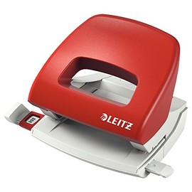 Leitz Kleiner Büro Locher aus Metall, 16 Blatt, Anschlagschiene mit Formatangaben, Ergonomisches Design, rot, 50386025