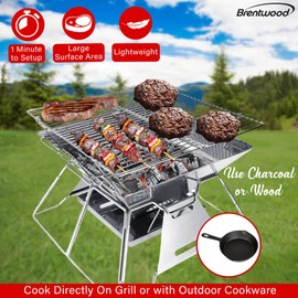 Brentwood Portable Stainless Steel Folding Charcoal BBQ Grill and Outdoor Fire Pit with Carry Bag (Medium)